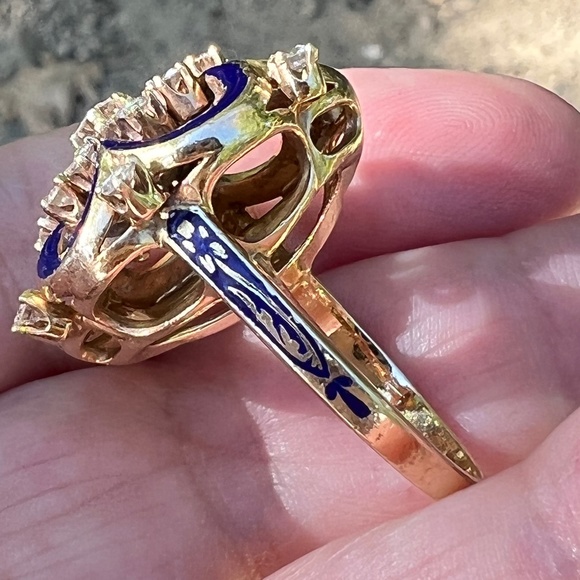 VINTAGE 14K YELLOW GOLD DIAMOND COBALT BLUE ENAMEL RING STATEMENT CUSTOM MADE - Picture 7 of 16